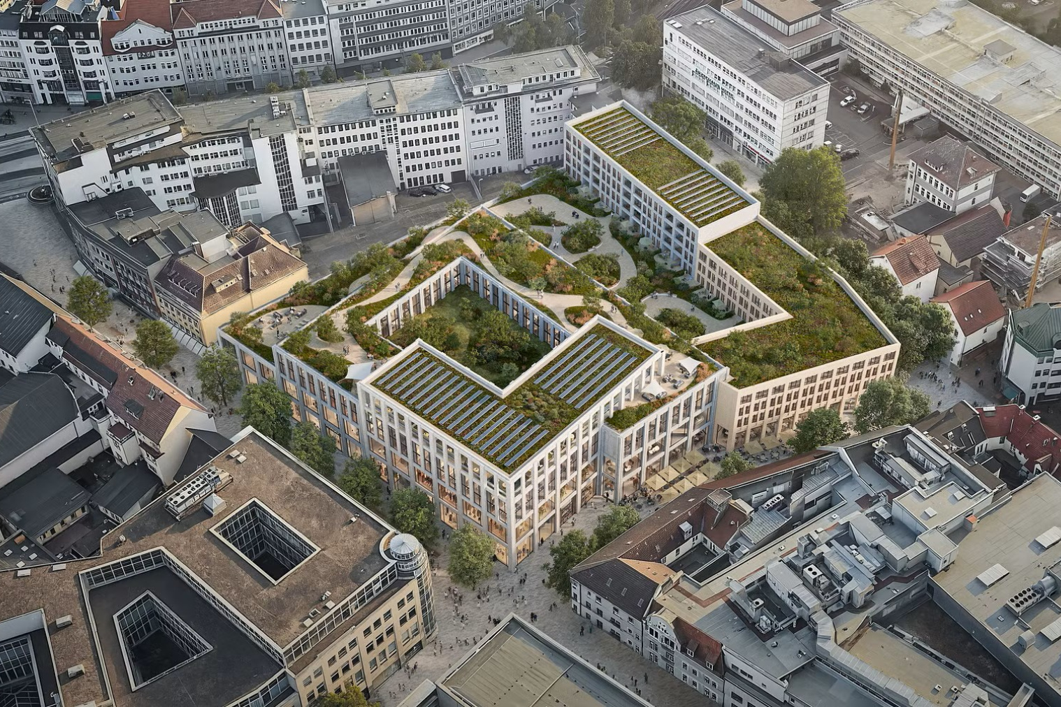 Das neue Karstadt-Areal in Bielefeld überführt das monolithische Warenhaus in ein modernes, urbanes Gebäudeensemble. Copyright: Architekturbüro caspar.