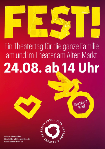 Text auf rotem Hintergrund: FEST! Ein Theatertag für die ganze Familie am und im Theater am Alten Markt. 24.08. ab 14 Uhr. Eintritt frei