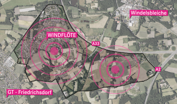 Ein Lageplan: Die Windflöte liegt zwischen der A 33, A 2 und dem Gütersloher Ortsteil Friedrichsdorf.